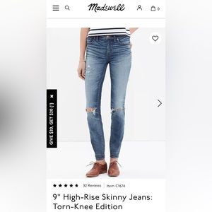 Madewell 9" high riser skinny jeans torn knees edition. Size 26.
